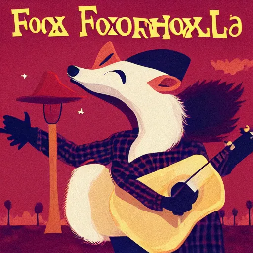 Image similar to a female fluffy anthropomorphic fox animal, head of fox, wearing cowboy hat, wearing plaid shirt, playing guitar, in a field, barn in background, album cover style