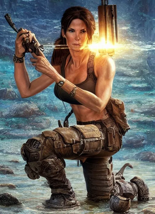 Prompt: Sandra Bullock as Lara Croft as a ruggedly handsome heroine kneeling next to a glowing artifact lodged in shallow water, intricate, elegant, highly detailed, artstation, concept art, smooth, sharp focus, illustration, bokeh art by artgerm and donato giancola and Joseph Christian Leyendecker, WLOP, fireflies