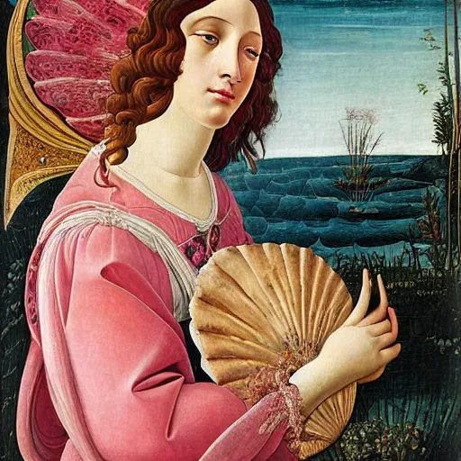 Image similar to an ultradetailed mythological oil painting of a beautiful woman with long brown hair, full body, wearing pink floral gown, lying asleep within a giant scallop shell, near the seashore, intricate lines, elegant, renaissance style, by sandro botticelli
