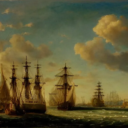 Prompt: industrial port with sailing ships, silhouetted clouds, beautiful painting, johan christian clausen dahl