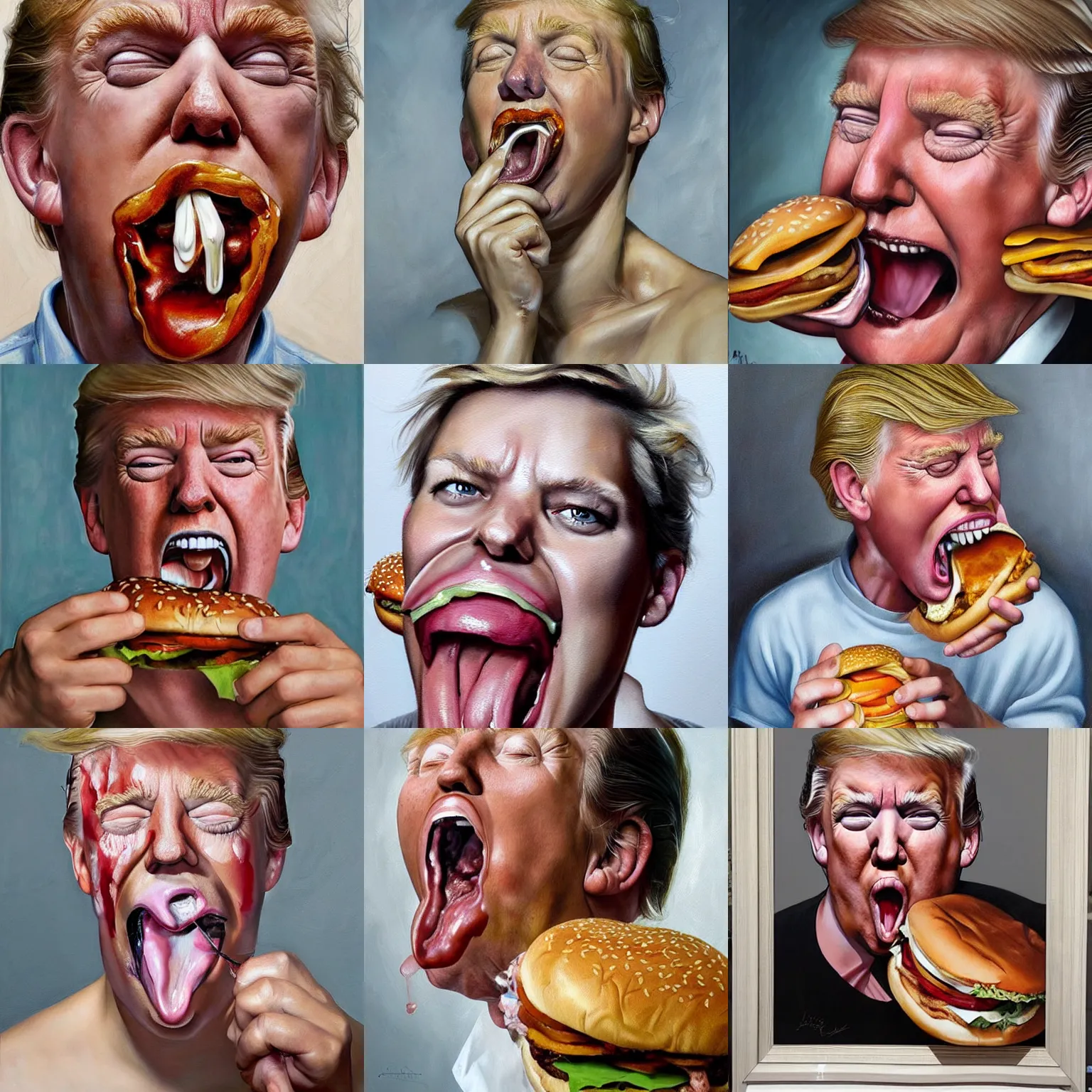 Prompt: realistic painting by jenny saville of donald trump licking a burger with his tongue out, art by jenny saville and tom bagshaw, detailed, sharp, smooth