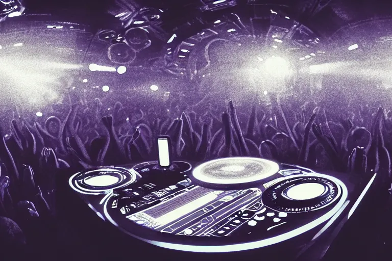 Image similar to beautiful digital art of a dj on stage spinning records with headphones looking over crowd dancing at a club by h.r. giger and moebius, silhouette, volumetric lighting, haze, moving heads light beams, spot lights, disco ball, trending on artstation, 4k, unreal engine, intricate, ornate