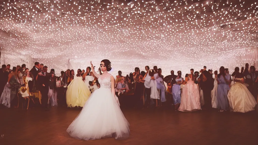 Prompt: a bride in a wedding dress looking at a dancing stage with bokeh light effect in the background