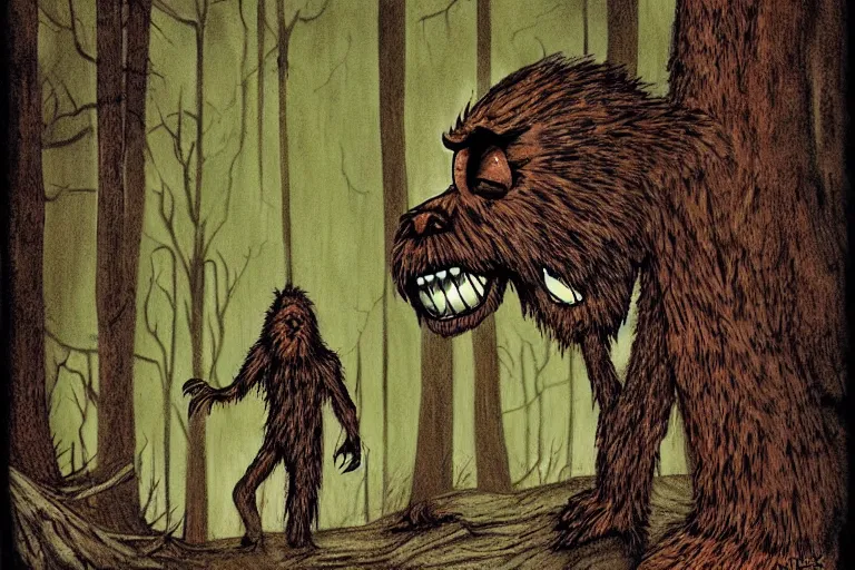 Image similar to mad bigfoot screaming in the woods artwork by ben templesmith