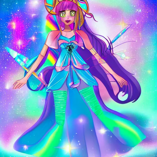 Prompt: Cute prismatic cosmic magical girl from the rainbow sky paradise, digital art