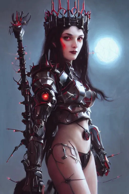Image similar to Portrait of beautiful pale smiling cyborg goth maiden in bikini armor with crown of thorns and glowing red eyes, cyberpunc, Warhammer 40000, digital art from artstation by Ruan Jia and Mandy Jurgens and Artgerm and william-adolphe bouguereau