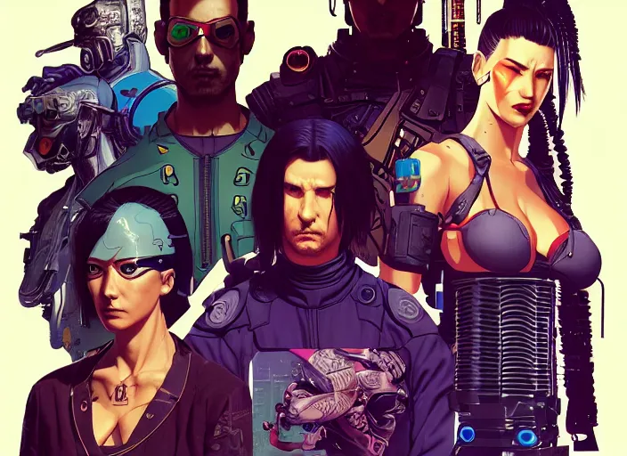 Prompt: cyberpunk samurai squad. portrait by stonehouse and mœbius and will eisner and gil elvgren and pixar. character design. realistic proportions. cyberpunk 2 0 7 7 character art, blade runner 2 0 4 9 concept art. cel shading. attractive face. thick lines. the team. diverse characters. artstationhq.