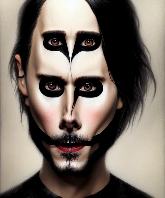 Prompt: jared leto with black fabric mask, short dark undercut hair, highly detailed face!!!, true anatomy!, extremely detailed!, digital painting, unreal engine 5, art by tom bagshaw