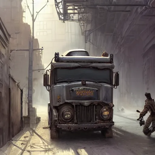 Image similar to a highly detailed epic cinematic concept art CG render digital painting artwork: the back of a steampunk truck in motion. girl in grey hoodie holds onto the back door of the truck. By Greg Rutkowski, Ilya Kuvshinov, WLOP, Stanley Artgerm Lau, Ruan Jia and Fenghua Zhong, trending on ArtStation, made in Maya, Blender and Photoshop, octane render, excellent composition, cinematic atmosphere, dynamic dramatic cinematic lighting, aesthetic, very inspirational, arthouse