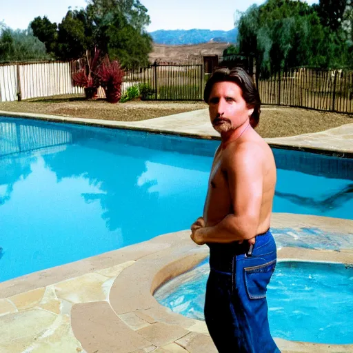 Image similar to emilio estevez standing above the water of a pool next to a house