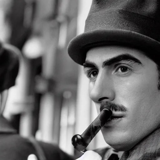 Prompt: realistic photograph of Mario in a hat with an M smoking in a french new wave Godard film aesthetic, black and white