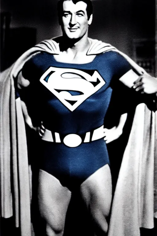 Image similar to rock hudson playing superman in, superhero, dynamic, 3 5 mm lens, heroic, studio lighting