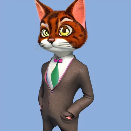 Prompt: 3d render , anthropomorphic cat, wearing a Pink tux, in the style of Zootopia