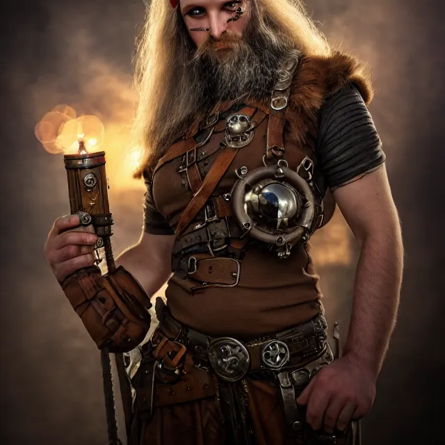 Prompt: dieselpunk viking, 4 k, hdr, smooth, sharp focus, high resolution, award - winning photo, anne stokes, photorealistic