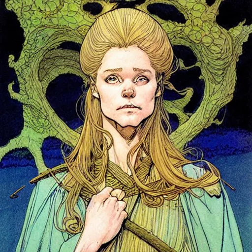 Prompt: a realistic portrait of sanna!!!!! marin!!!!!, the young beautiful female prime minister of finland as a druidic wizard by rebecca guay, michael kaluta, charles vess and jean moebius giraud