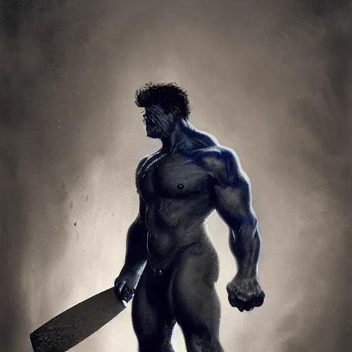 Image similar to artstation concept a midnight blue hulk jolding a meat cleaver, dusty, hyperdetailed, artstation trending, world renowned artists, worth 1 0 0 0. com, historic artworks society, antique renewel, cgsociety, by greg rutkowski, by gustave dore, deviantart