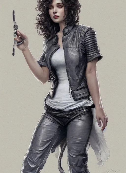 Image similar to girl in very short white! top and very short gray! leather jacket, open belly, long dark curly hair, high waist sweatpants, intricate, elegant, highly detailed, digital painting, artstation, concept art, smooth, illustration, art by artgerm and greg rutkowski and alphonse mucha