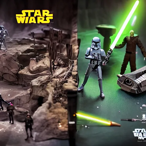 Image similar to a detailed photo of a epic diorama of star wars toys, macro photography, zoom, table, studio lighting