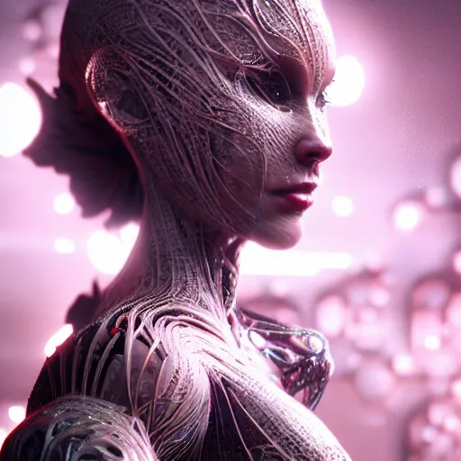 Image similar to beautiful impish biomechanical incredible technological hair, masterpiece crystalline incrustations, hyper - detailed face, elegant pose, movie still, intricate, octane render, cinematic lighting, cgsociety, unreal engine,