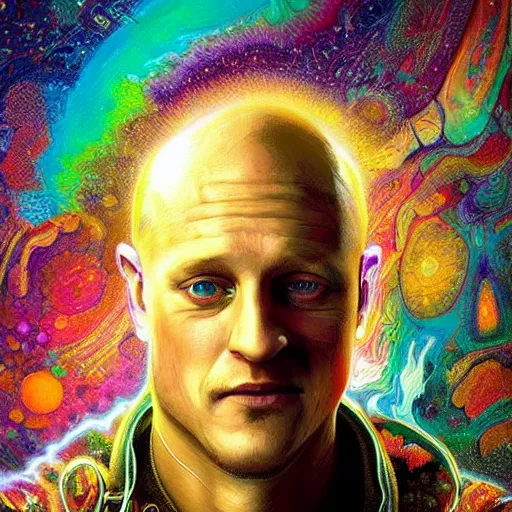 Image similar to Woody Harelson an extremely psychedelic experience, colorful, surreal, dramatic lighting, cosmonaut, LSD, face, detailed, intricate, elegant, highly detailed, digital painting, artstation, concept art, smooth, sharp focus, illustration, art by Sam Spratt, Dan Mumford, Artem Demura and Alphonse Mucha