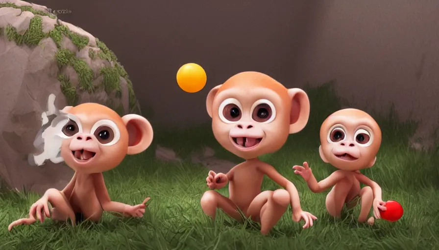 Image similar to very very very cute baby monkeys by Max Kostenko and Bobby Chiu, photoreal, wow, red nose studio, psychonauts, psychonauts 2, character design for animation, uplight, a lineup of characters, symmetrical eyes, cuteness, 3d render, octane rendered, rendered in maya and houdini, highly detailed, unreal engine, Trending on Artstation, octane render, 4k, 8k, HD