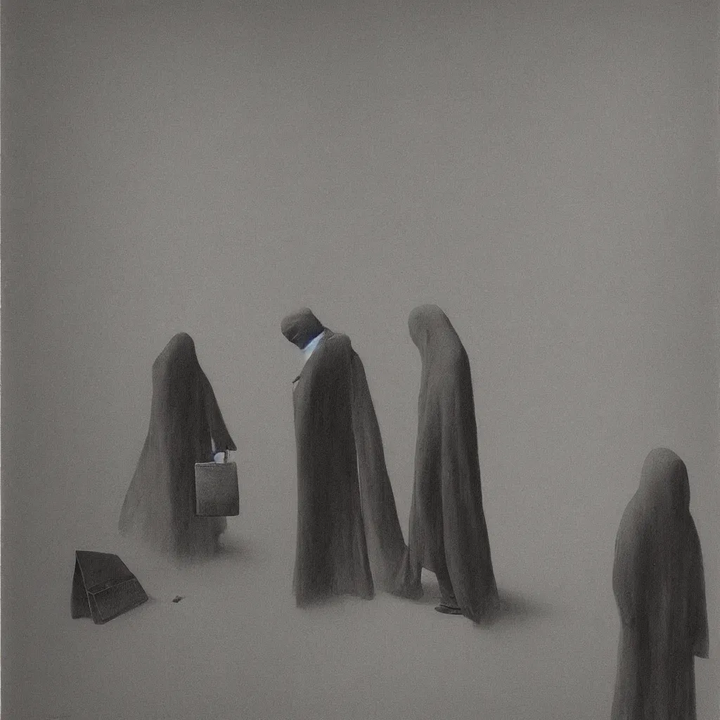 Image similar to Man in a business suit with a bag covering his head, by Zdzisław Beksiński