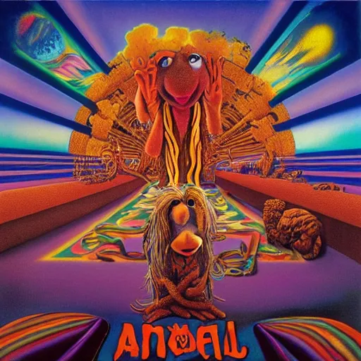 Image similar to animal the muppet on tool album cover, 8 k resolution hyperdetailed scary dystopian surrealism style of alex grey