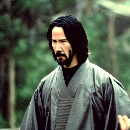 Image similar to cinematic film still of Keanu Reeves starring in a Steven Spielberg film as A Japanese Samurai at a temple, 1999, shallow depth of field, photograph, natural lighting