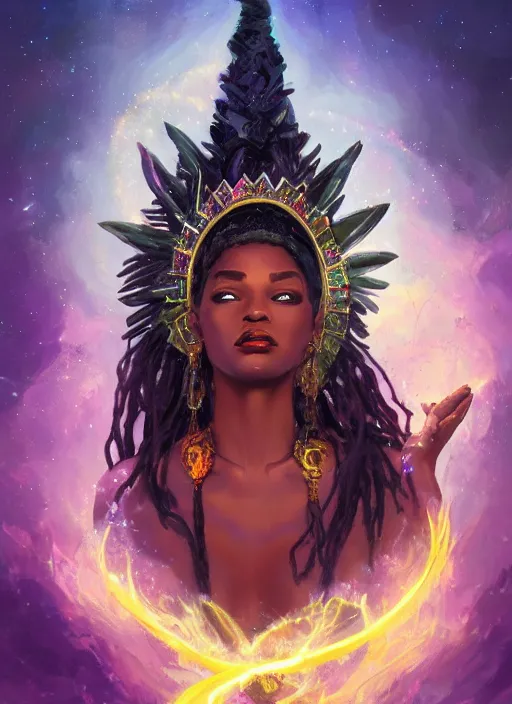 Prompt: beautiful black woman casting magical spells with powerful crystals, voodoo tribal mask headdress and kemetic imagery, digital painting artstation, concept art, matte, sharp focus, illustration, dramatic exploding nebulae, hearthstone, art by artgerm and greg rutkowski and alphonse mucha