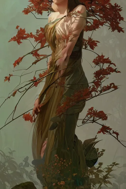 Image similar to full body forest queen akimbo portrait highly detailed, digital painting, artstation, concept art, smooth and sharp focus, illustration, art by tian zi and wlop and alphonse mucha