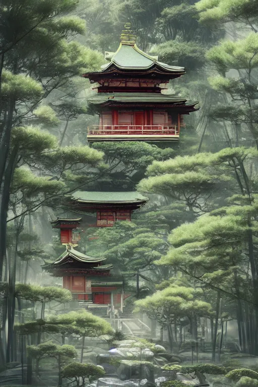 Prompt: Japanese Buddhist temple in the middle of a forest of bonsai and bamboo, powerfull, intricate, elegant, volumetric lighting, digital painting, highly detailed, artstation, sharp focus, illustration, concept art, ruan jia, steve mccurry