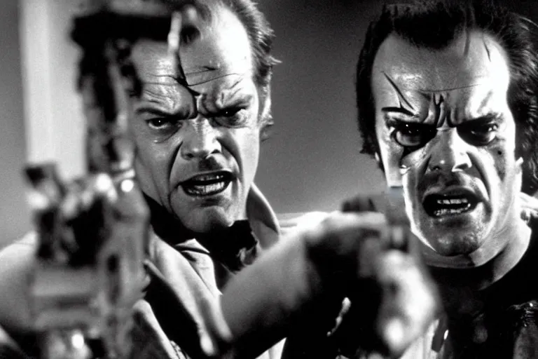 Prompt: Jack Nicholson plays Terminator, action scene where he destroys Skynet, still from the film