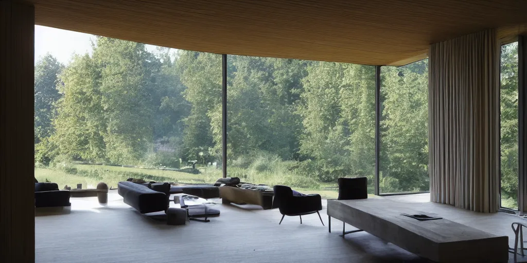 Image similar to a house by the river rhein close to mumpf designed by peter zumthor, beautiful ambient light, silver hour