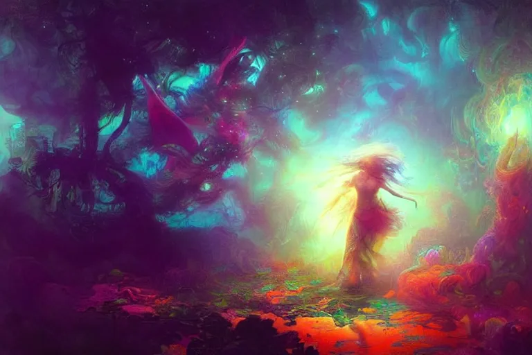 Image similar to a psychedelic realm hidden away in a pocket of ethereal understanding, astral beings sharing love greg rutkowski wlop lisa frank bob ross, ruan jia