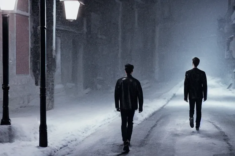 Image similar to movie shot of young man from back pacing lowering head dressed in short leather bomber jacket to empty narrow alley with street lamps in park with pines to the horizon, with hands in pockets, snowfall at night, mullet long haircut, black hairs, cinematic, dramatic, detailed, realistic, movie shot, low lighting