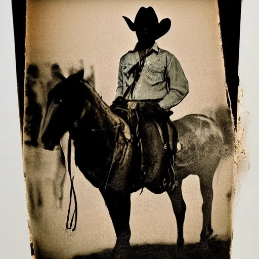 Prompt: transparent siluette of a cowboy outlaw sitting on a horse. serigraph. screen - printed on top of a photograph. sun - bleached highlights. sanded surface in soft colors