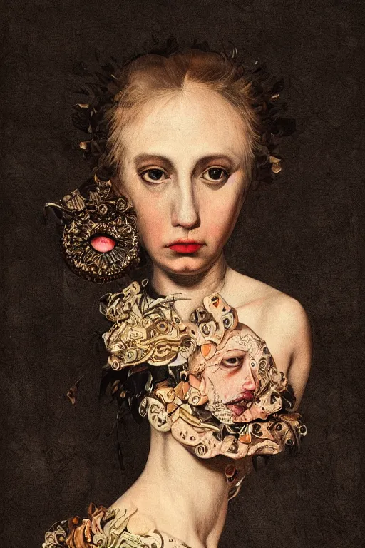 Prompt: Detailed maximalist portrait with large lips and with large eyes, sad expression, HD mixed media, 3D collage, highly detailed and intricate illustration in the style of Caravaggio, dark art, baroque