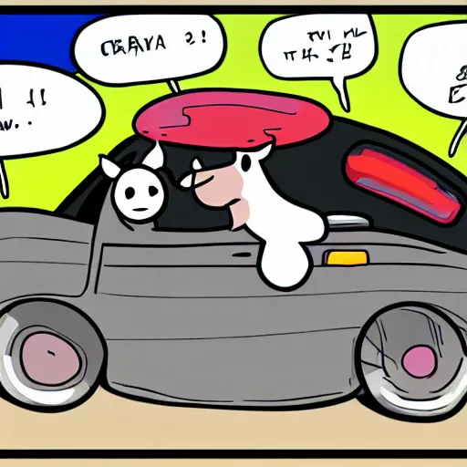 Image similar to cow driving a car, comics style, 4 k