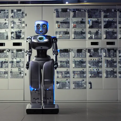 Prompt: A female robot guarding a wall of computers