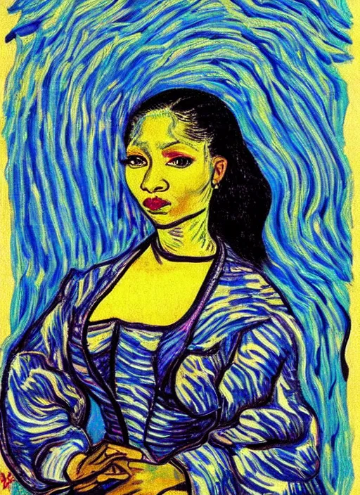 Image similar to a self potrait of nicki minaj in the style of van gogh