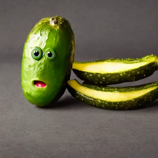 Image similar to photograph of a pickle with a screaming face