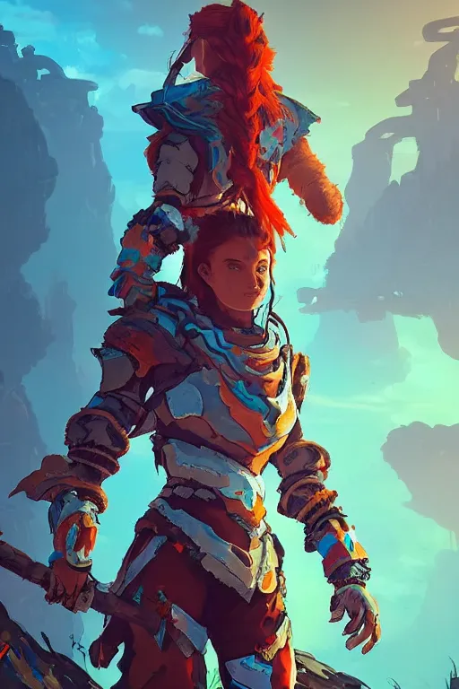 Image similar to combination suit armor aloy horizon forbidden west horizon zero dawn radiating a glowing aura global illumination ray tracing hdr fanart arstation by ian pesty and alena aenami artworks in 4 k tribal robot ninja mask helmet backpack