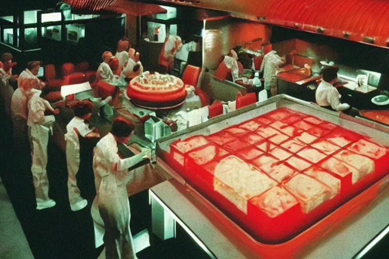 Image similar to mcdonald's mc - aspic aspic meal, in 1 9 9 5, y 2 k cybercore, industrial low - light photography, still from a ridley scott movie