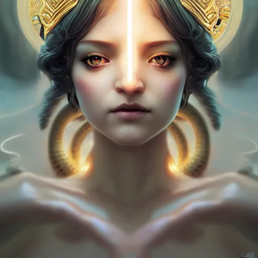 Image similar to goddess of time by tom bagshaw, gold eyes and silver wavy hair by ilya kuvshinov, rtx reflections, octane render 1 2 8 k, extreme high intricate details by wlop, digital anime art by ross tran, wide shot, close up shot, composition by sana takeda, dramatic lighting by greg rutkowski