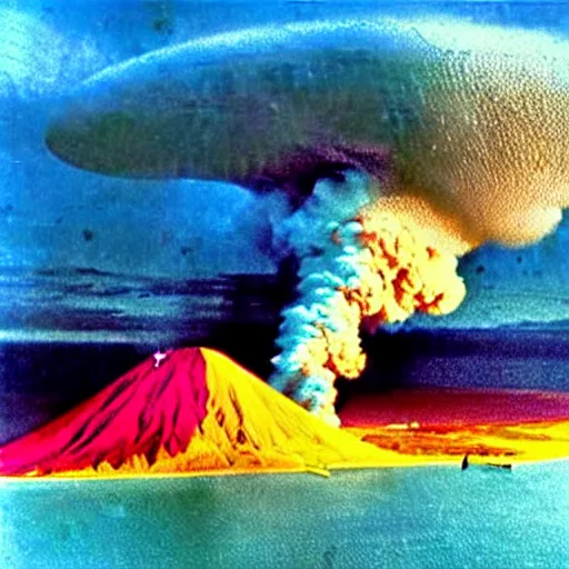 Image similar to colourful cinematic photo of hundreds of zeppelins clustered around an active volcano on an island