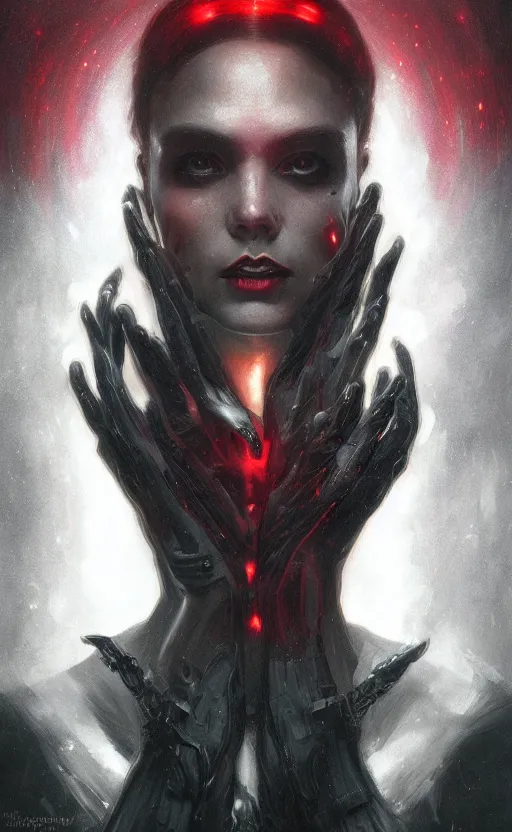 Prompt: Portrait of a dystopian dark witch, technology, dark filaments, red glowing eyes, menacing, intimidating, frightening, intricate, headshot, highly detailed, digital painting, artstation, concept art, sharp focus, cinematic lighting, illustration, art by artgerm and greg rutkowski, alphonse mucha, cgsociety