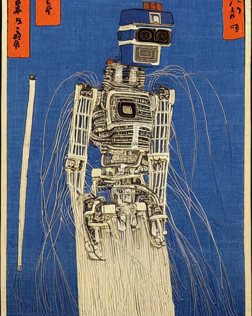 Image similar to Hiroshige portrait of a robot saint made of cables and robotic pod