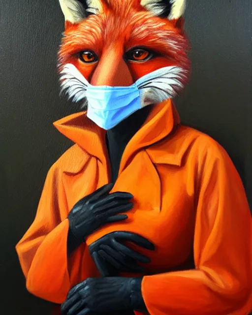 Prompt: oil painting portrait of anthropomorphic female fox animal dressed in labcoat, surgical mask covering mouth, red eyes, fox animal, hospital in background, oil painting,