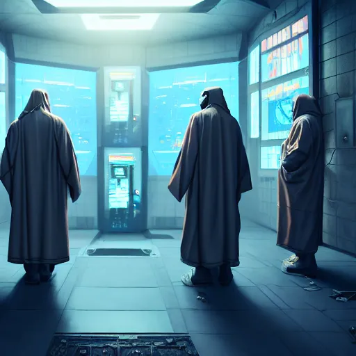 Prompt: Cultists in robes in a cyberpunk control room, ultra realistic, concept art, intricate details, eerie, highly detailed, photorealistic, octane render, 8k, unreal engine, art by Andrew Andreev