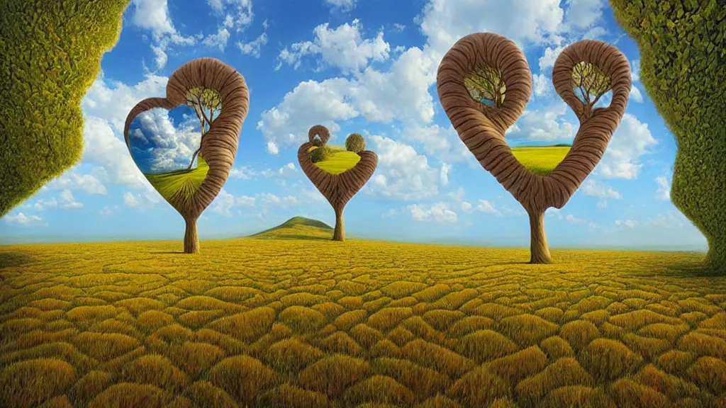 Image similar to surreal landscape, surrealism, fibonacci, heart shaped trees, symmetrical, esao andrews, victor enrich, dali